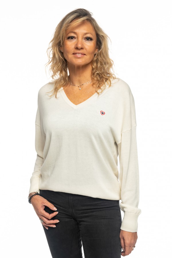 Pull col V blanc en lyocell