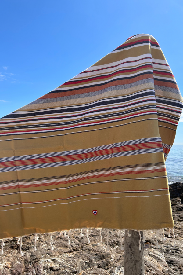Fouta ochre with blue, white,red stripes