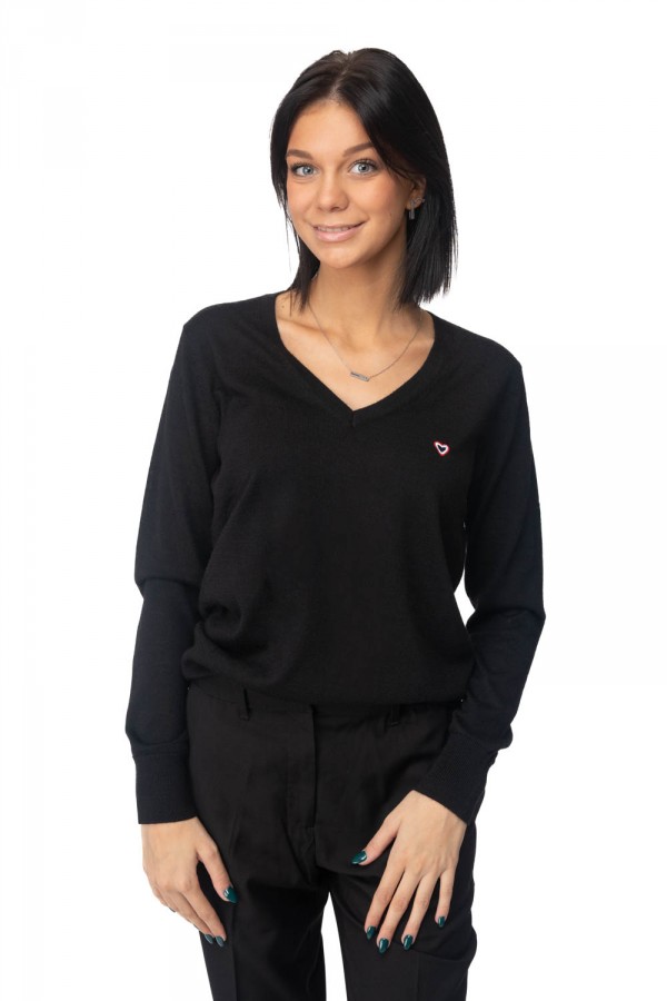 Pull col V noir laine