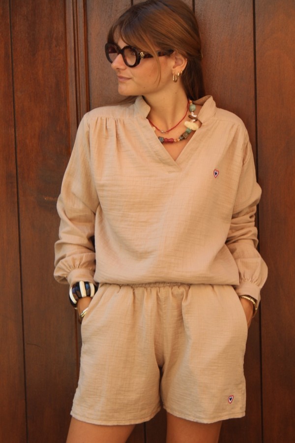 Beige cotton gauze shorts